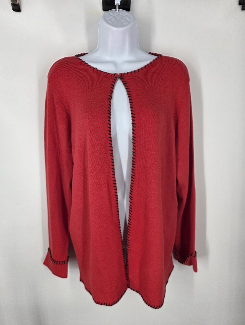 Patchington Vintage Red Open Front Cardigan Sweater M Black Blanket Stitch Cozy